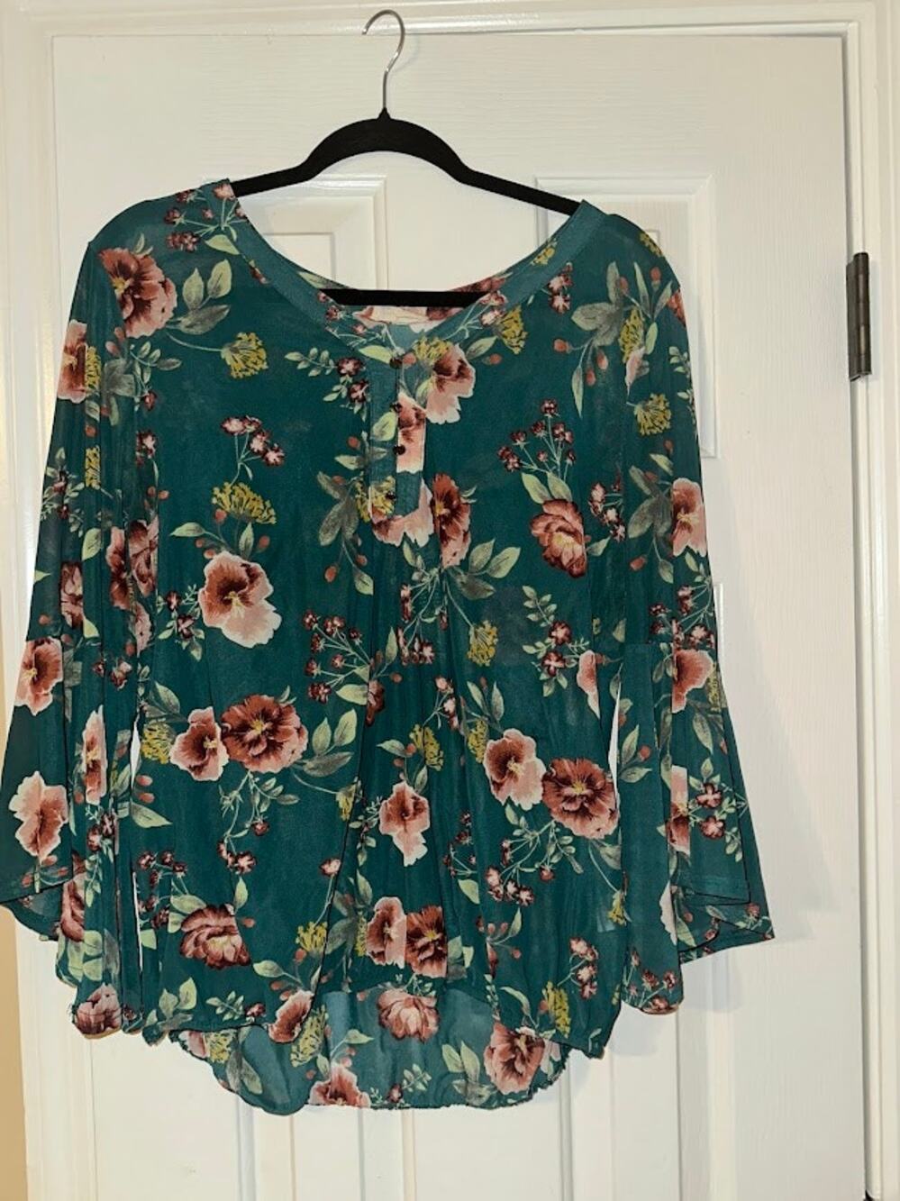 Ember Women’s XL Teal Floral Boho Bell Sleeve Tunic Blouse